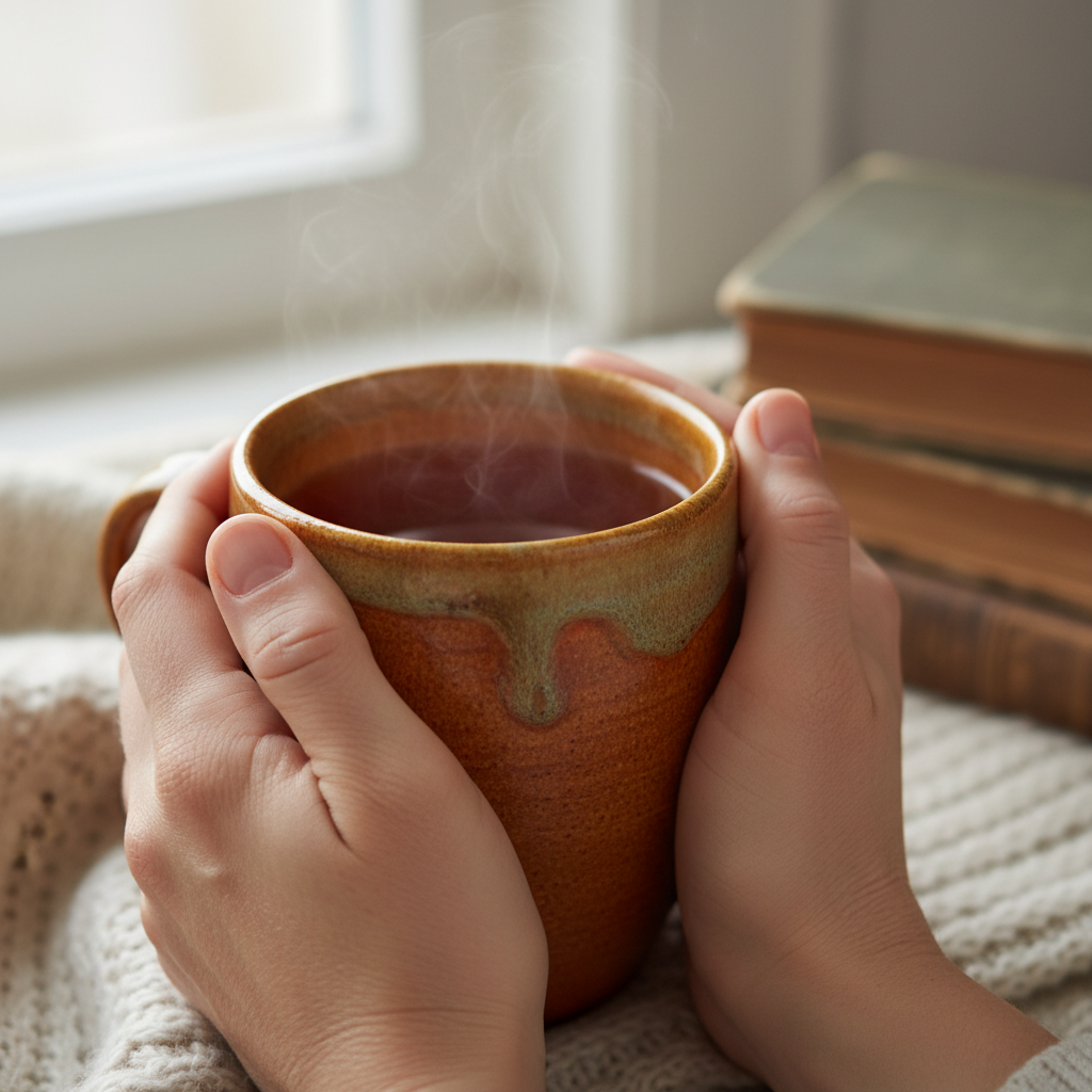 Hands holding a warm cup of tea